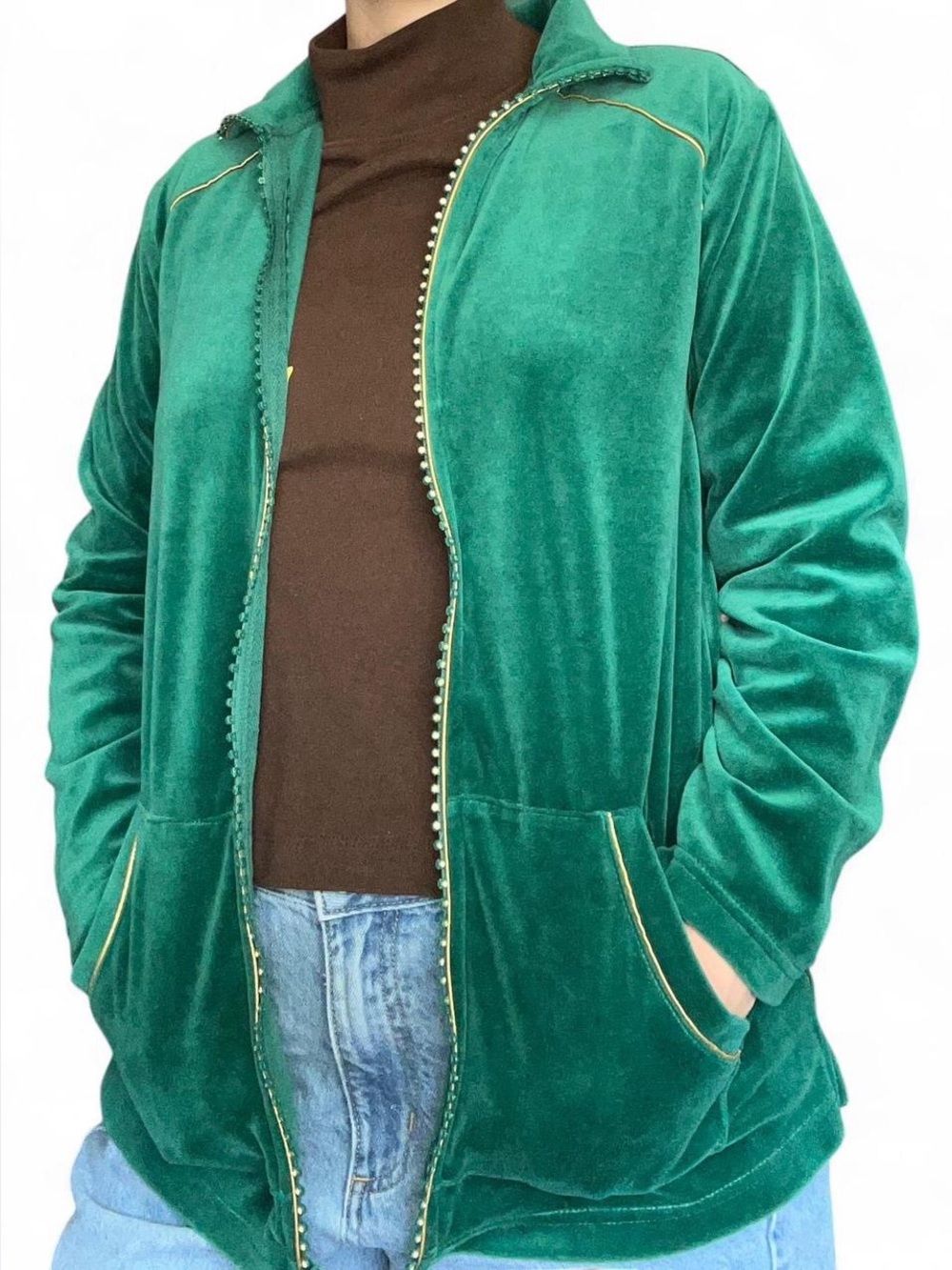 Vintage Green Velour Zip-Front Jacket - Women